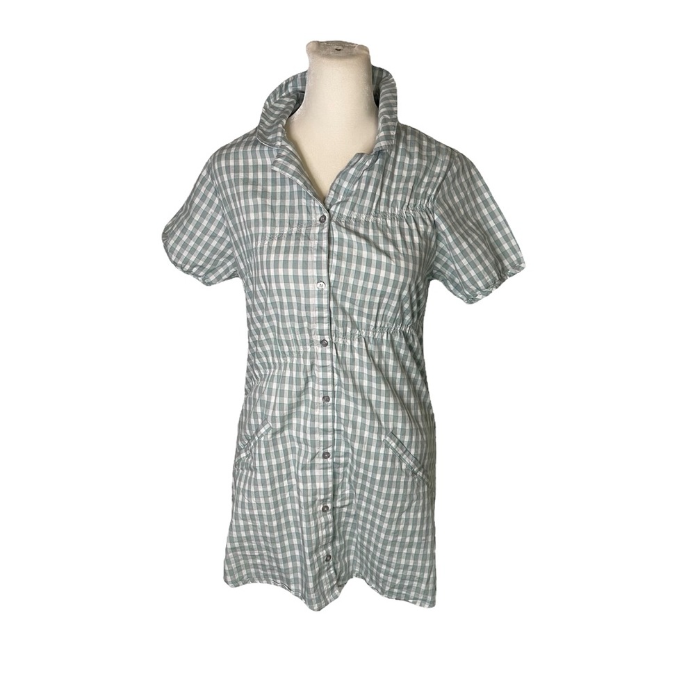 * WESC Women's Cotton Shirt  Dress Short Sleeve white Green/Gray Plaid small